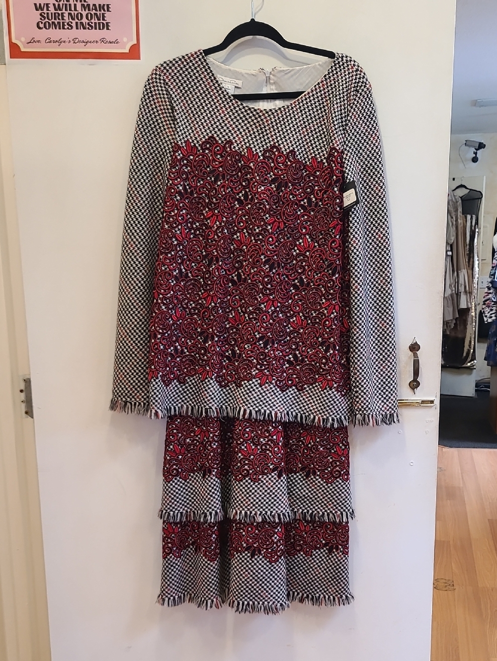 Oscar de la Renta Black, White & Red Houndstooth Dress